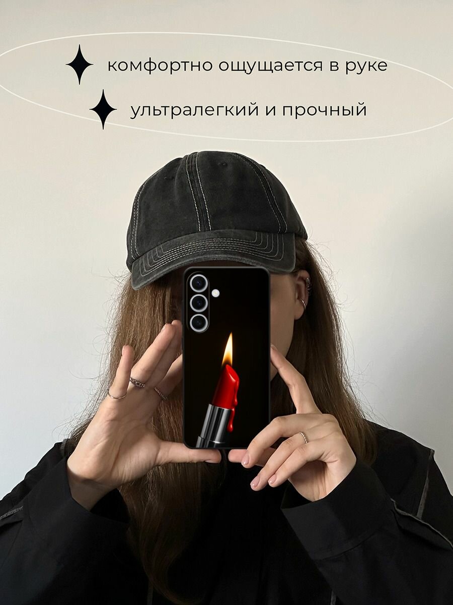 Черный матовый чехол на Samsung Galaxy S24 FE 5G / Самсунг S24 FE с принтом Красная помада с огнем — фото 1