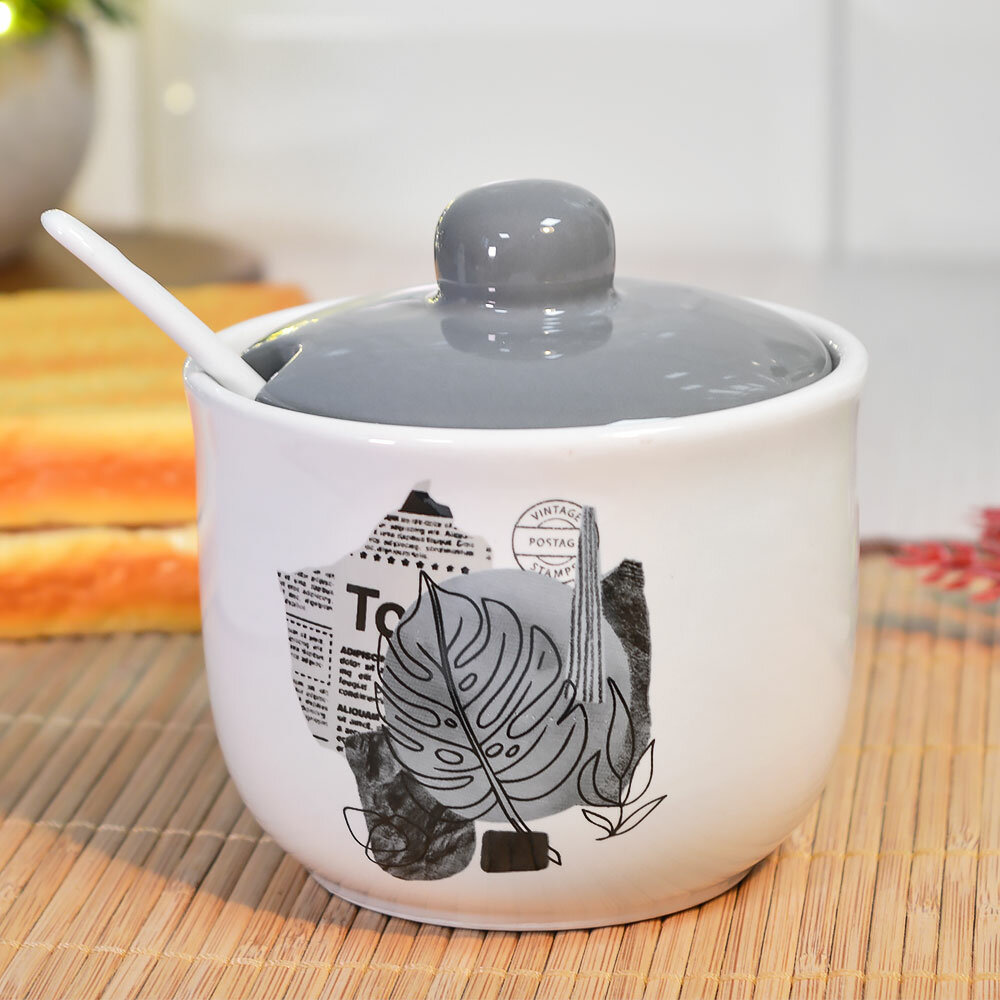 Сахарница керамическая 330 мл с крышкой и ложкой "Today", белая, подарочная коробка