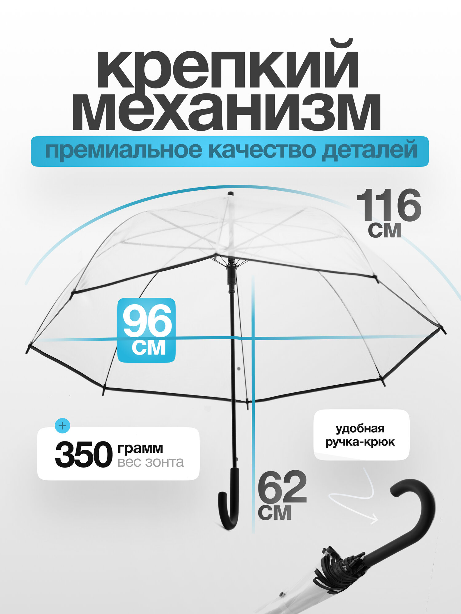 Зонт-трость RAINDROPS, прозрачный — фото 1