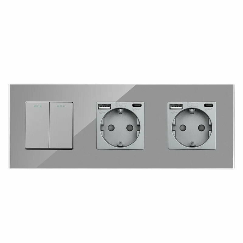 Выключатель механический двухклавишный с двумя розетками с USB и type-C ,2 клавиша 2 розетки, панель стекло серый,228mm
