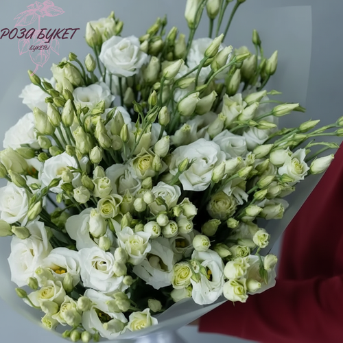 Изображение товара Букет цветов, букет из 21 белой эустомы в дизайнерской упаковке, премиум цветы, долгий букет, уэстома