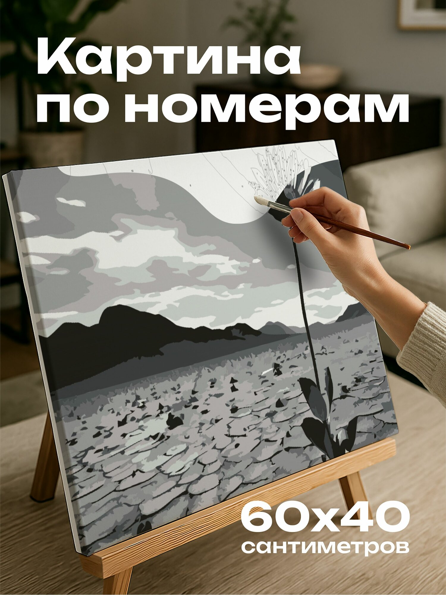 Картина по номерам 60x40 см, черно-белая фотография, одинокий цветок, пустынный пейзаж, контраст, нежное цветение