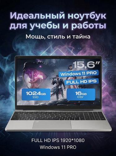 Изображение товара Ноутбук 15.6", Intel N95 , RAM 16 ГБ, SSD1024GB, Intel UHD Graphics, серый Русская раскладка