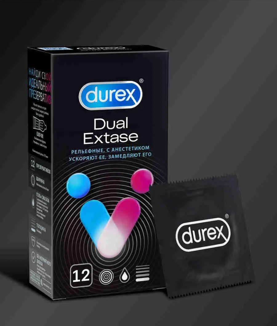 Рельефные презервативы с анестетиком Durex Dual Extase - 12 шт.