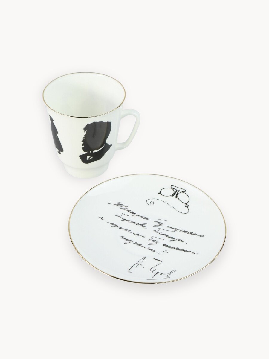 Кофейная пара, 165 мл. "Майская", "Русские писатели. Чехов А. П.". Костяной фарфор. Императорский фарфоровый завод ИФЗ.