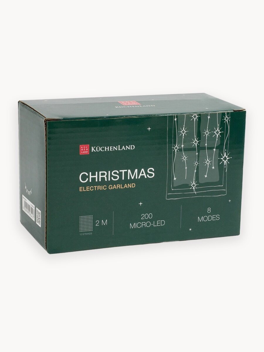 Гирлянда-занавес электрическая, 2х2 м/10 нитей, 200 ламп, 8 режимов, белая, Бусы, Christmas