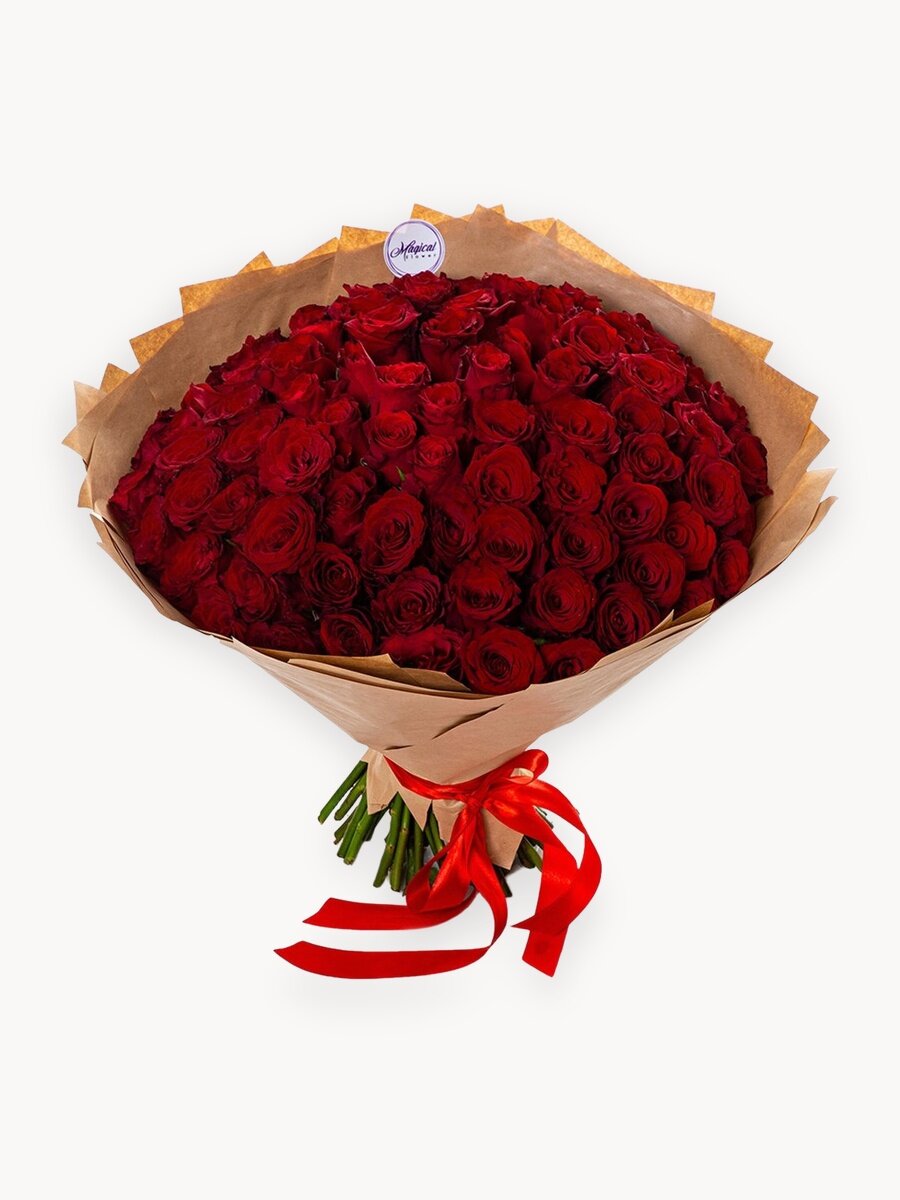 Монобукет Magic Flower, красная роза, 101 цветок, высота 40 см, крафт-бумага, на стеблях