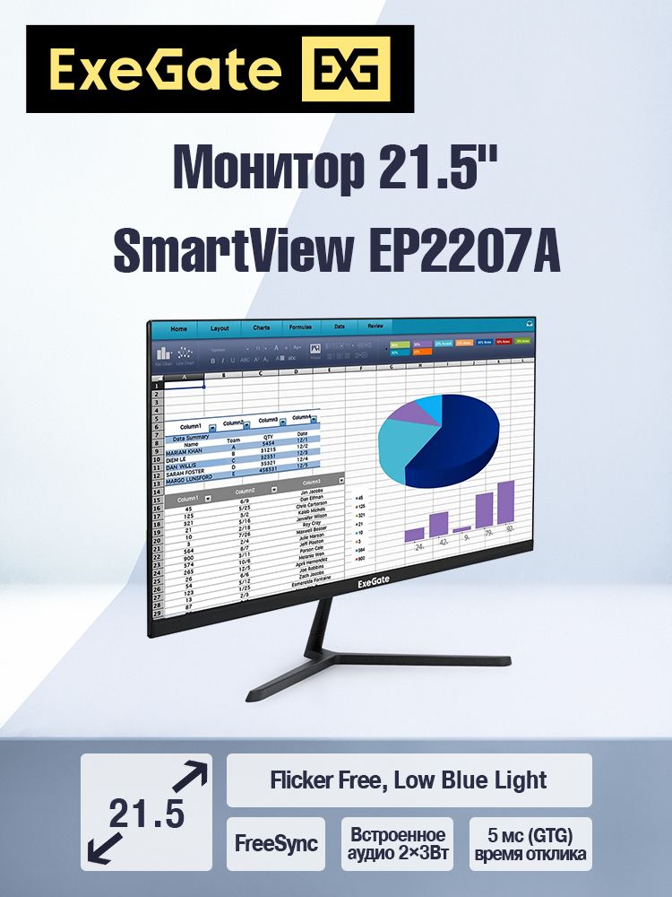 ExeGate 21.5" Монитор SmartView EP2207A (IPS, FHD, 1920x1080@75Гц, 16:9, 250cd/m2, 1000:1, 178°/178°, 5ms, Speakers, D-Sub, HDMI, DisplayPort, audio-out, FreeSync, Flicker-free, Low Blue Light, кабель HDMI 1.5м, VESA, регулировка наклона) (EX295590RUS), IP
