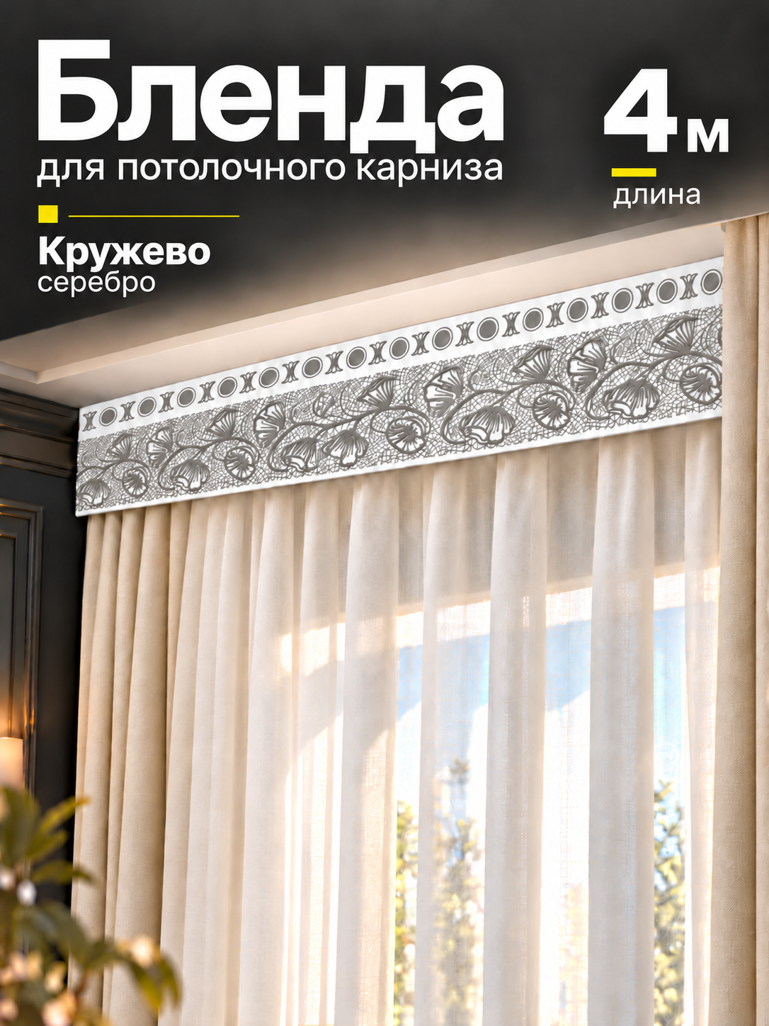Бленда для потолочного карниза, декоративная планка с узором кружево, белый/серебро, длина 4 м, ширина 7 см