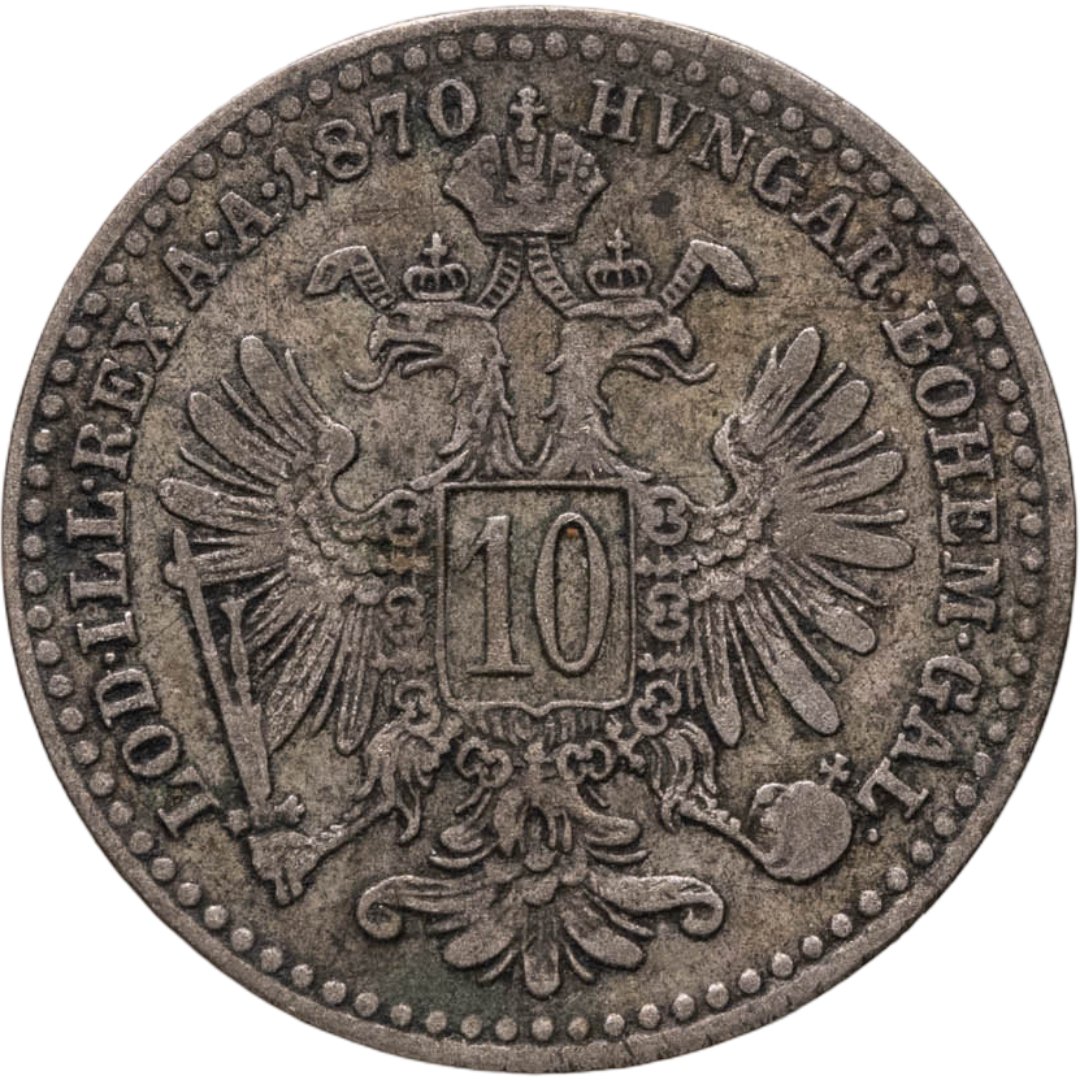 Австро-Венгрия 10 крейцеров 1870 для Австрии, Серебро 400, в сохранности VF