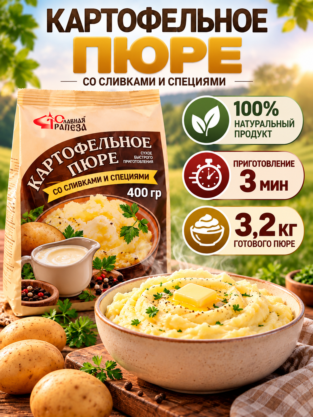 Картофельное пюре сухое 400 гр со сливками и специями быстрого приготовления