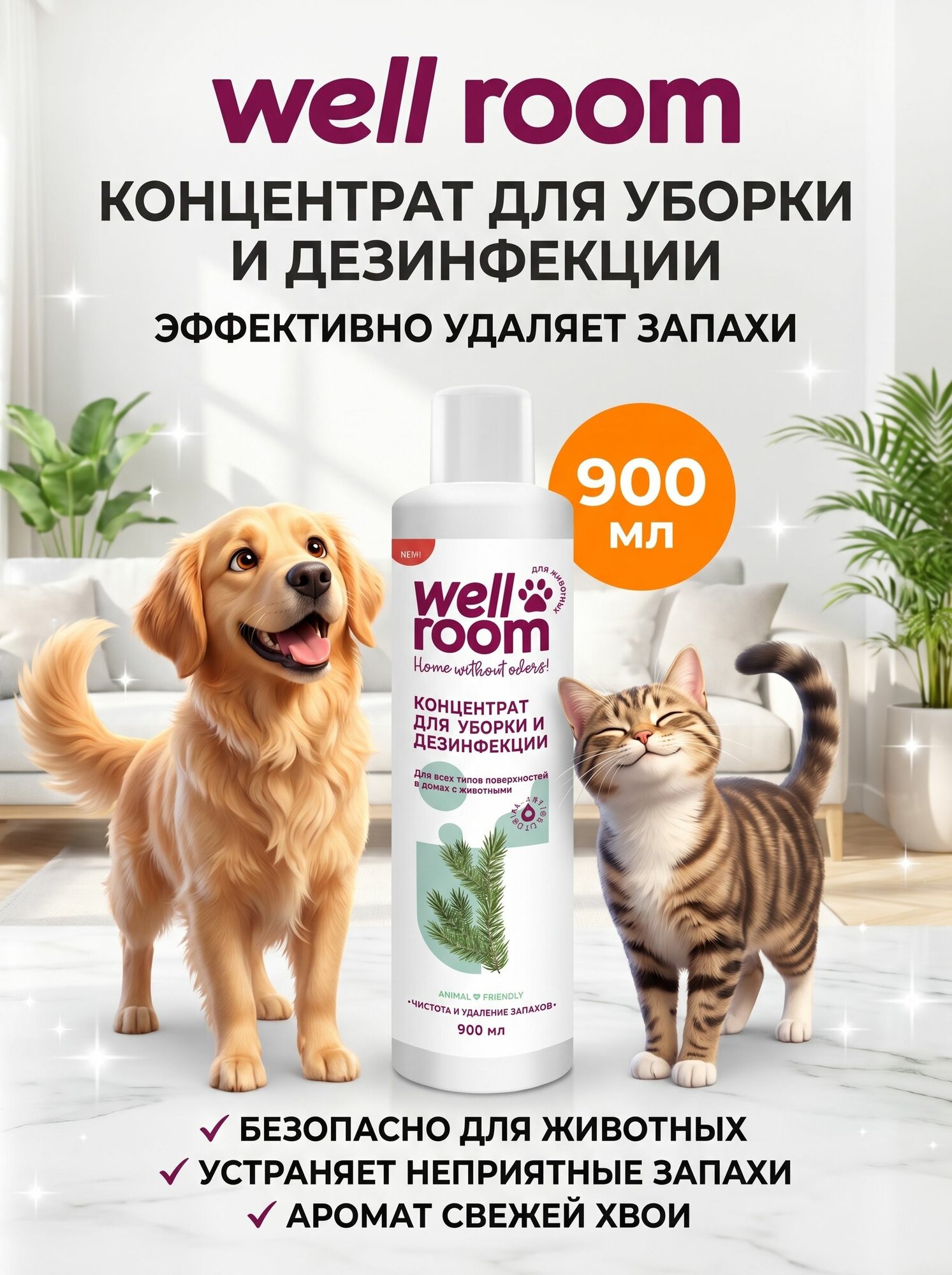 Wellroom Ср-во для уборки и дезинфекции концентрированное 900 мл, Хвоя (611234)