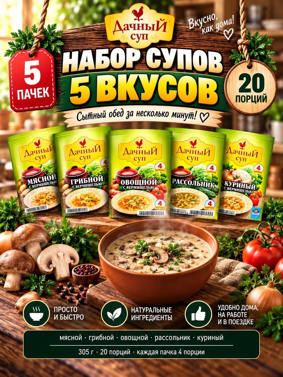 Набор супов ассорти 5 вкусов 305г Дачный — супы быстрого приготовления