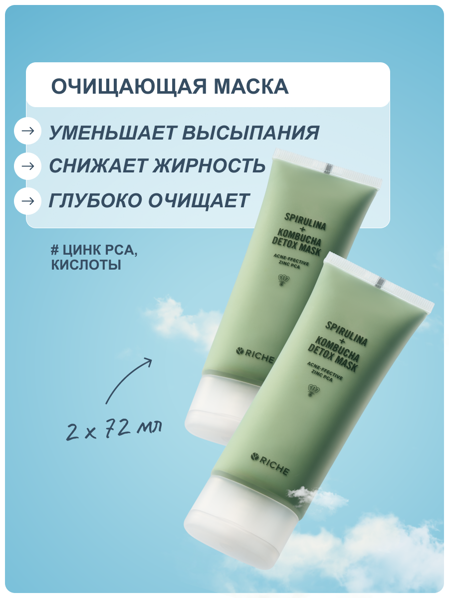 RICHE Набор масок для лица очищающих от черных точек и прыщей с кислотами и цинком
