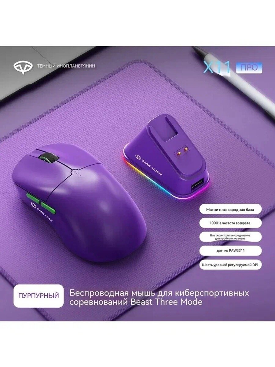 Игровая мышь беспроводная фиолетовая, 22000 dpi, 6 кнопок, Bluetooth, USB, USB Type-C, радиоканал
