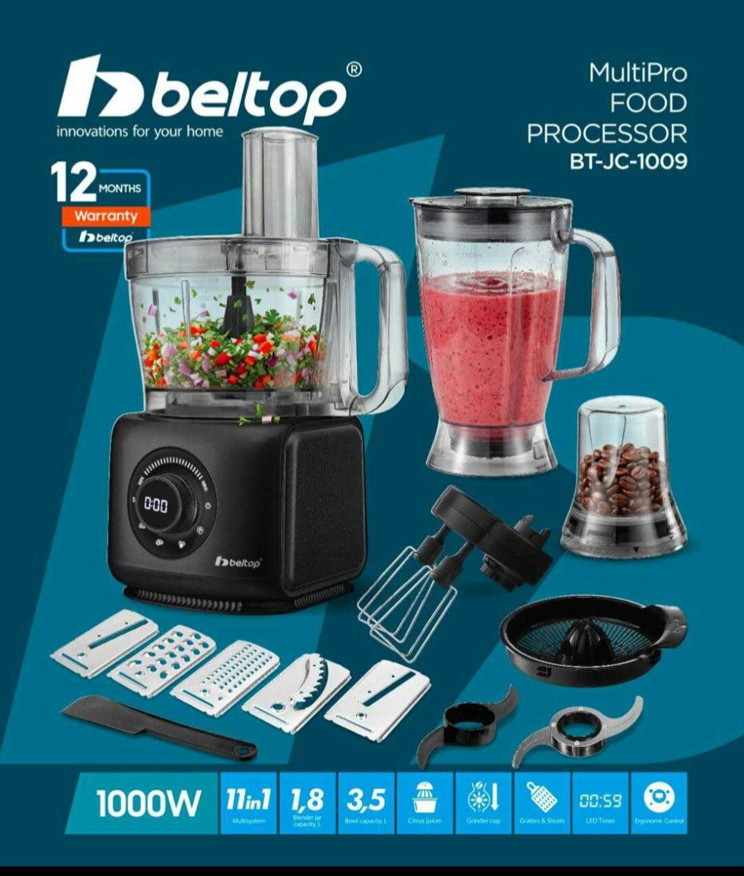 Кухонная машина BELTOP 11 в 1, 1000Вт, 7 скоростей, 3,5л, блендер 1,8л