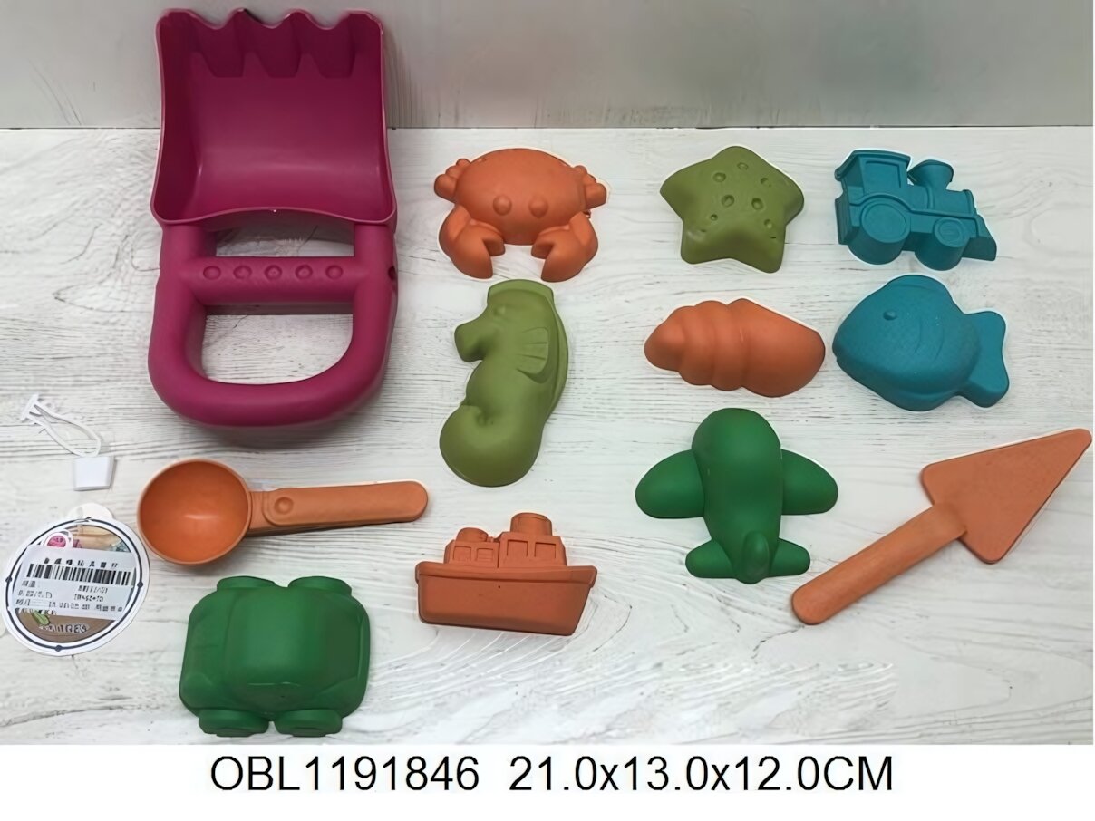 Набор игрушек для песочницы с 9 формочками, граблями и совками, разноцветный пластик, 15 предметов, 21х13см