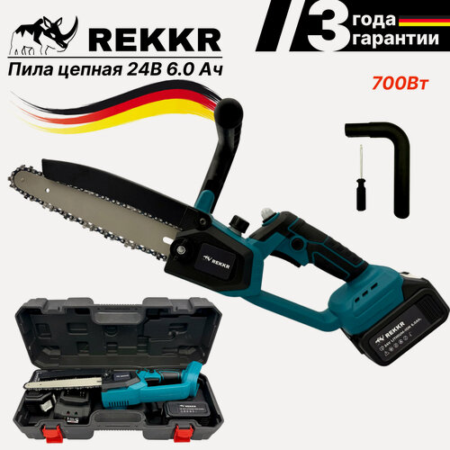Изображение товара Пила цепная, щеточная, аккумуляторная, REKKR CCS700BL, 2 аккумулятора 24В 6.0Ач, c автоматической подачей масла, кейс