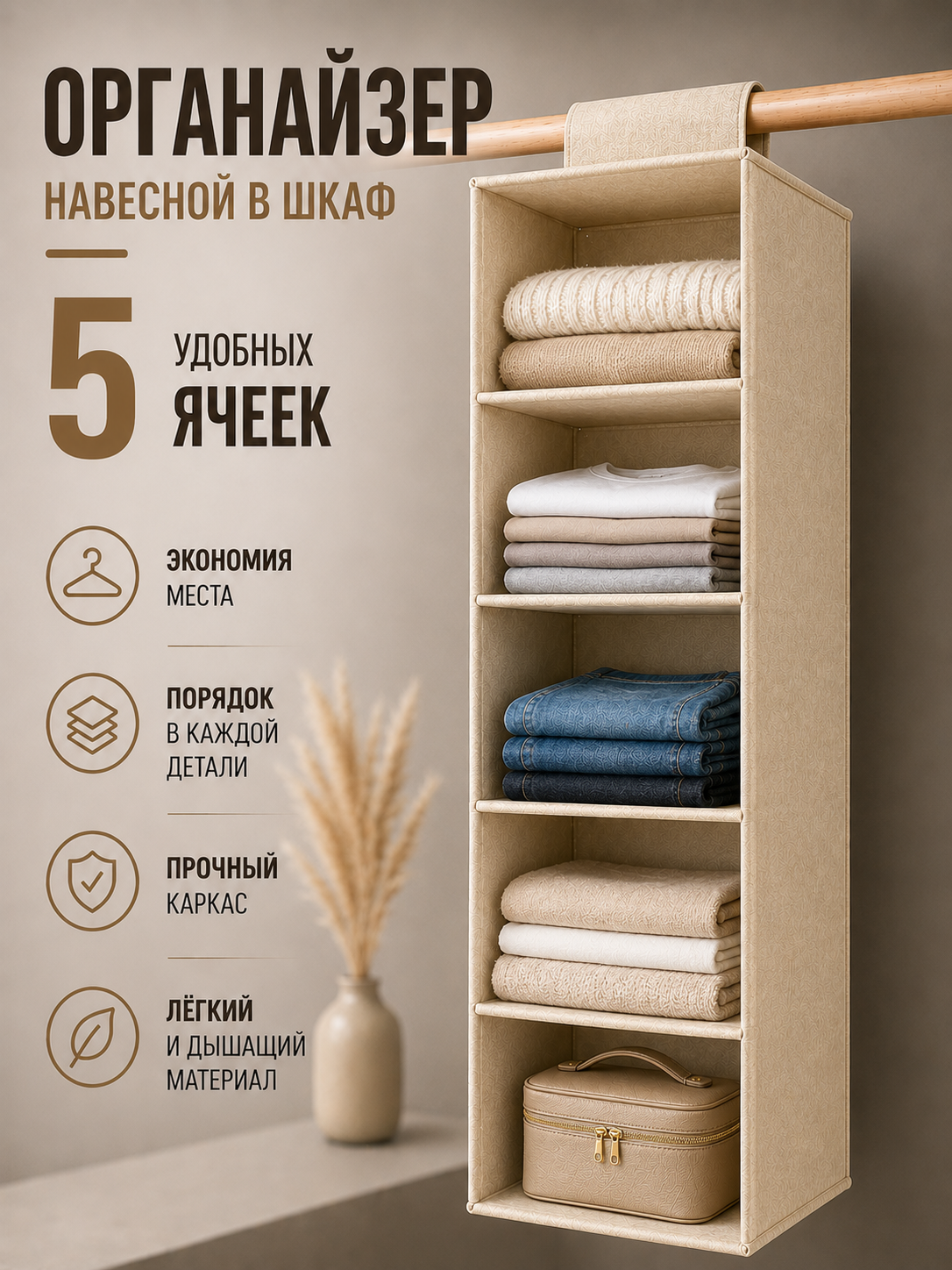 Органайзер навесной в шкаф для хранения вещей и белья 5 отделений