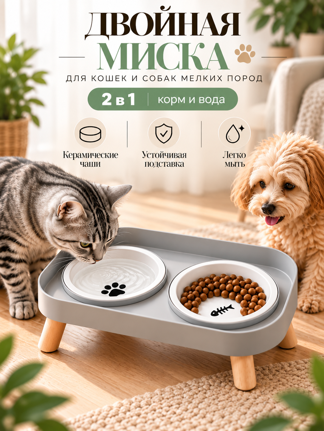 Двойные керамические миски для кошек и собак мелких пород, 2*400 мл, на нескользящей подставке, серые