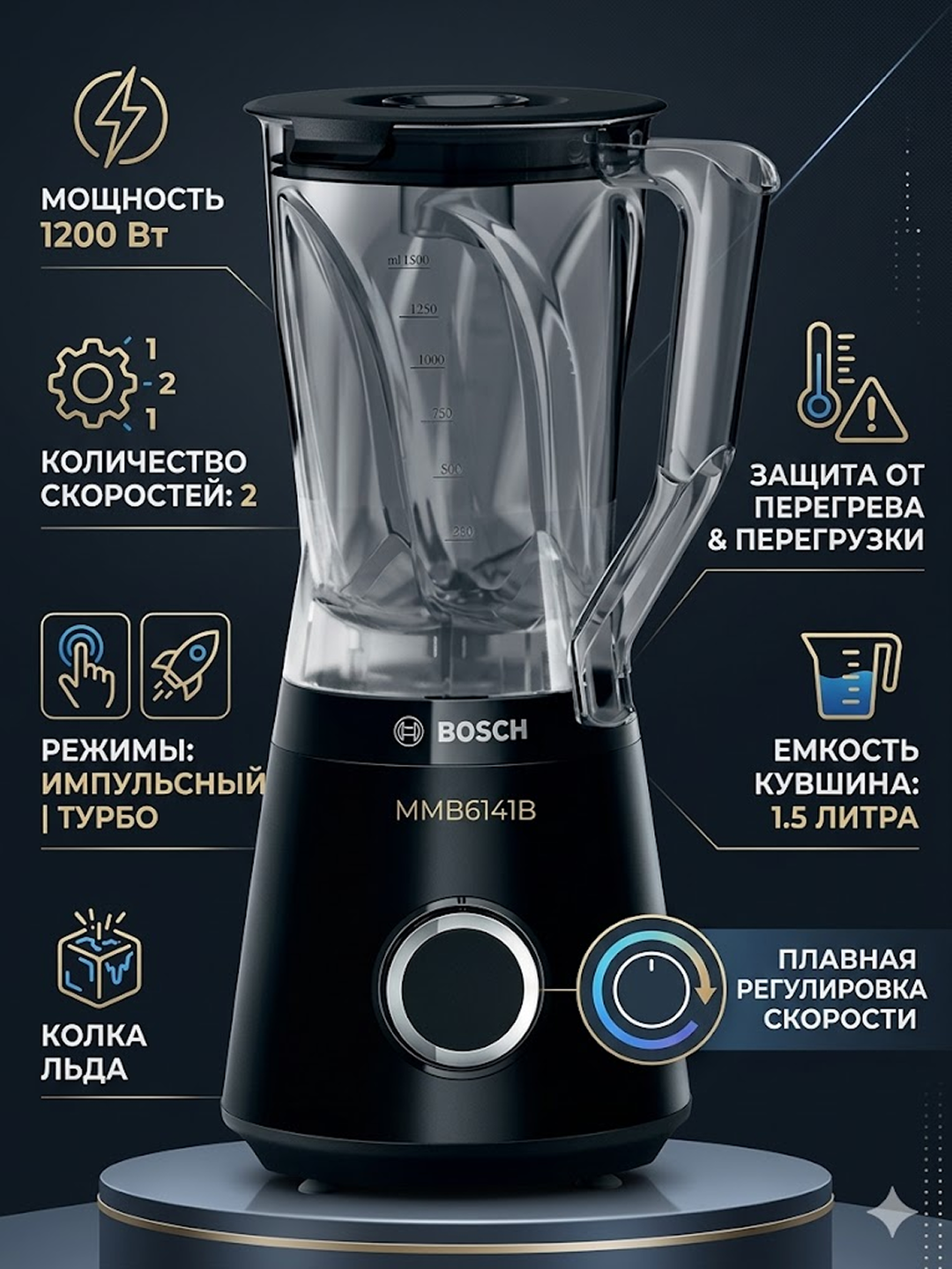 Стационарный блендер BOSCH MMB6141B Мощность 1200 Вт, Импульсный, Турборежим, Защита от перегрева, Защита от перегрузки