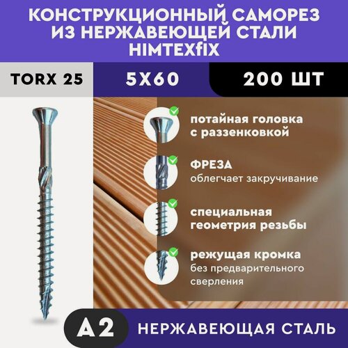 Изображение товара Саморез конструкционный нерж. А2 HIMTEX универсальный 5*60