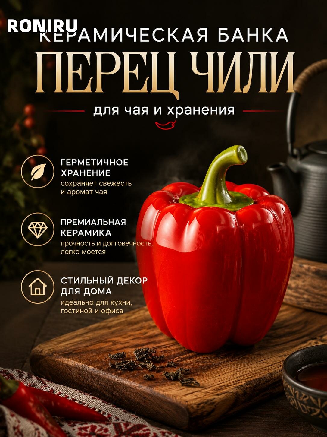 Керамическая банка для чая в форме перца чили — герметичное хранение и стильный декор для кухни, гостиной и дома