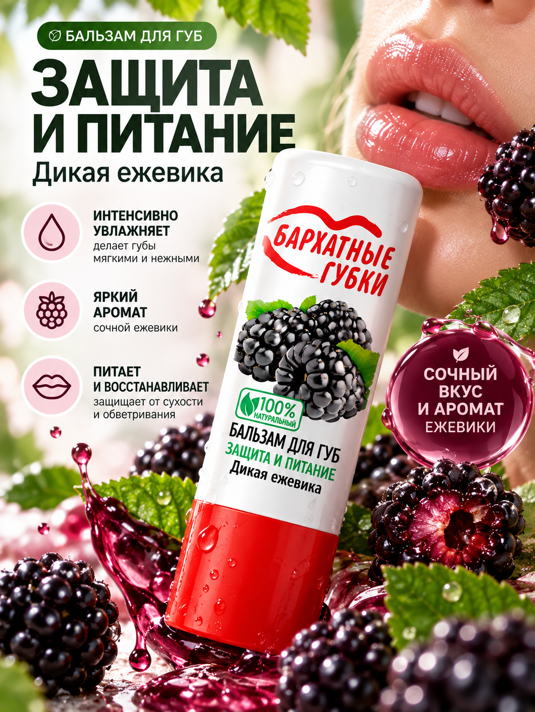 Бальзам для губ питательный Бархатные губки Fito косметик Дикая ежевика