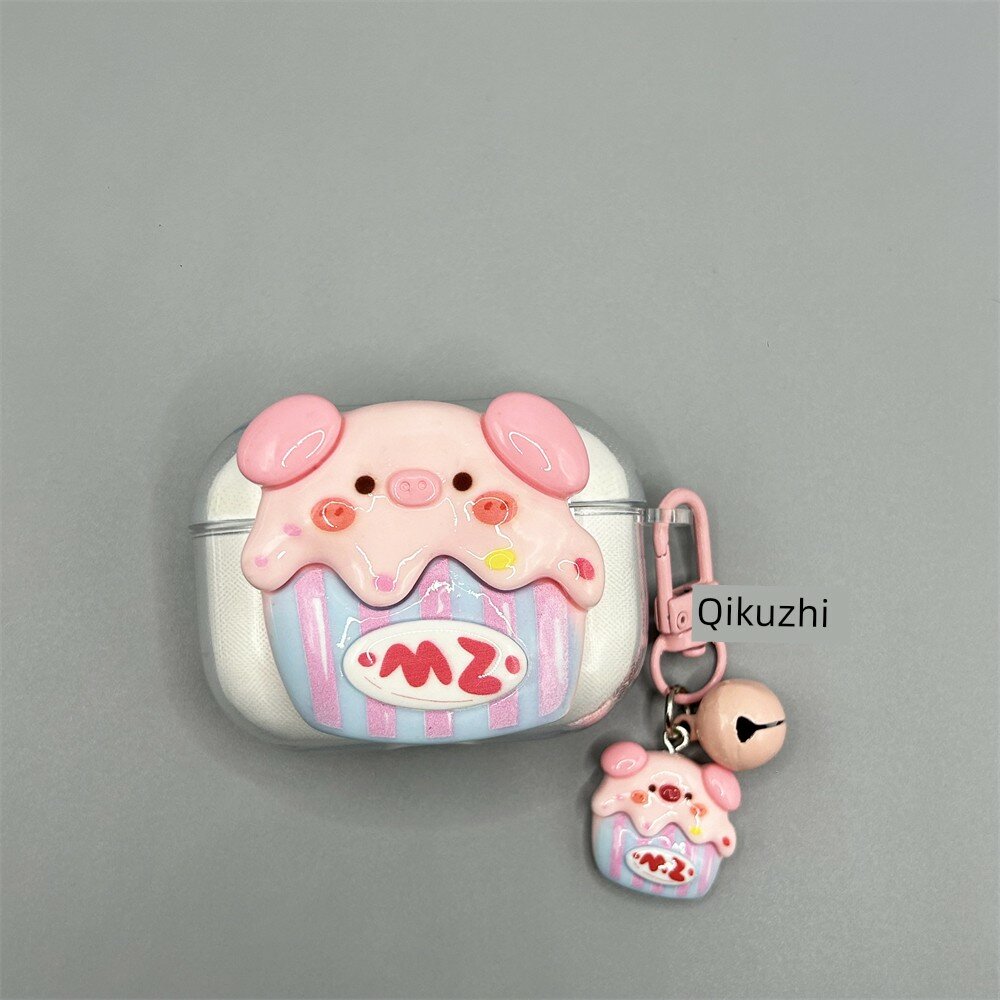 Силиконовый чехол для Bluetooth наушников Miniso K99 с 3D наклеей свинка в торте и брелок