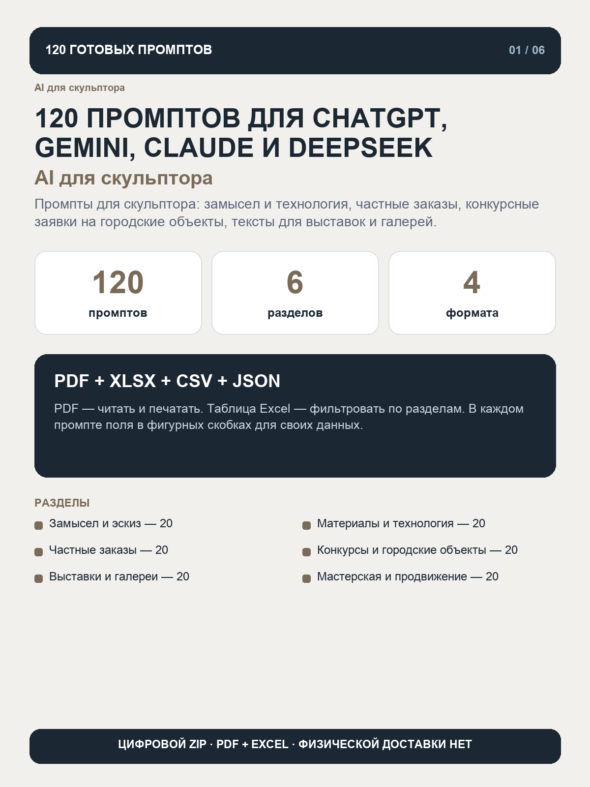 AI для скульптора: 120 промптов для ChatGPT, Gemini, Claude и DeepSeek, цифровая книга PDF A4