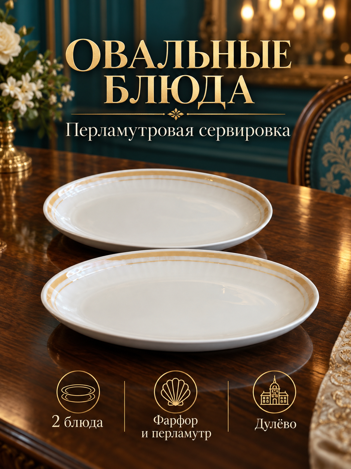 Блюда для сервировки овальной формы набор из 2-х штук, фарфор, перламутр, Дулево ФЗ винтаж 2005 год