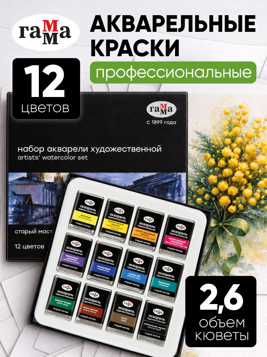 Акварель художественная профессиональная 12 цветов в кюветах