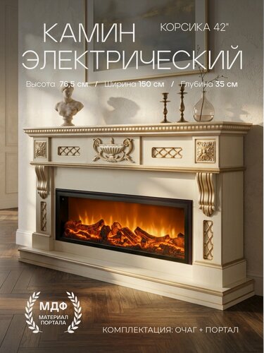 Изображение товара Электрокамин RealFlame Корсика 42 WT МДФ с очагом Beverly 1000, имитация огня и звука потрескивания дров, без обогрева
