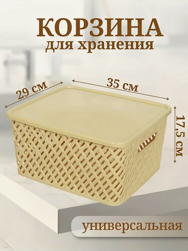 Изображение товара Корзина для хранения Альтернатива Плетенка 35х29х17.5 см, бежевая, прямоугольная, пластиковая с крышкой и ручками
