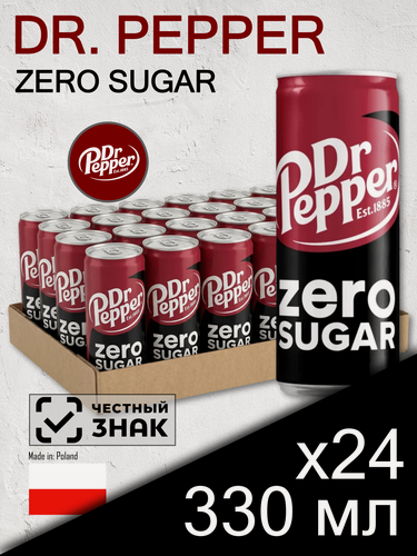 Изображение товара Dr. Pepper Zero Sugar, 0.33 л, 24 шт, банка (газированный напиток Доктор Пеппер Зеро Шугар, без сахара, диетический)