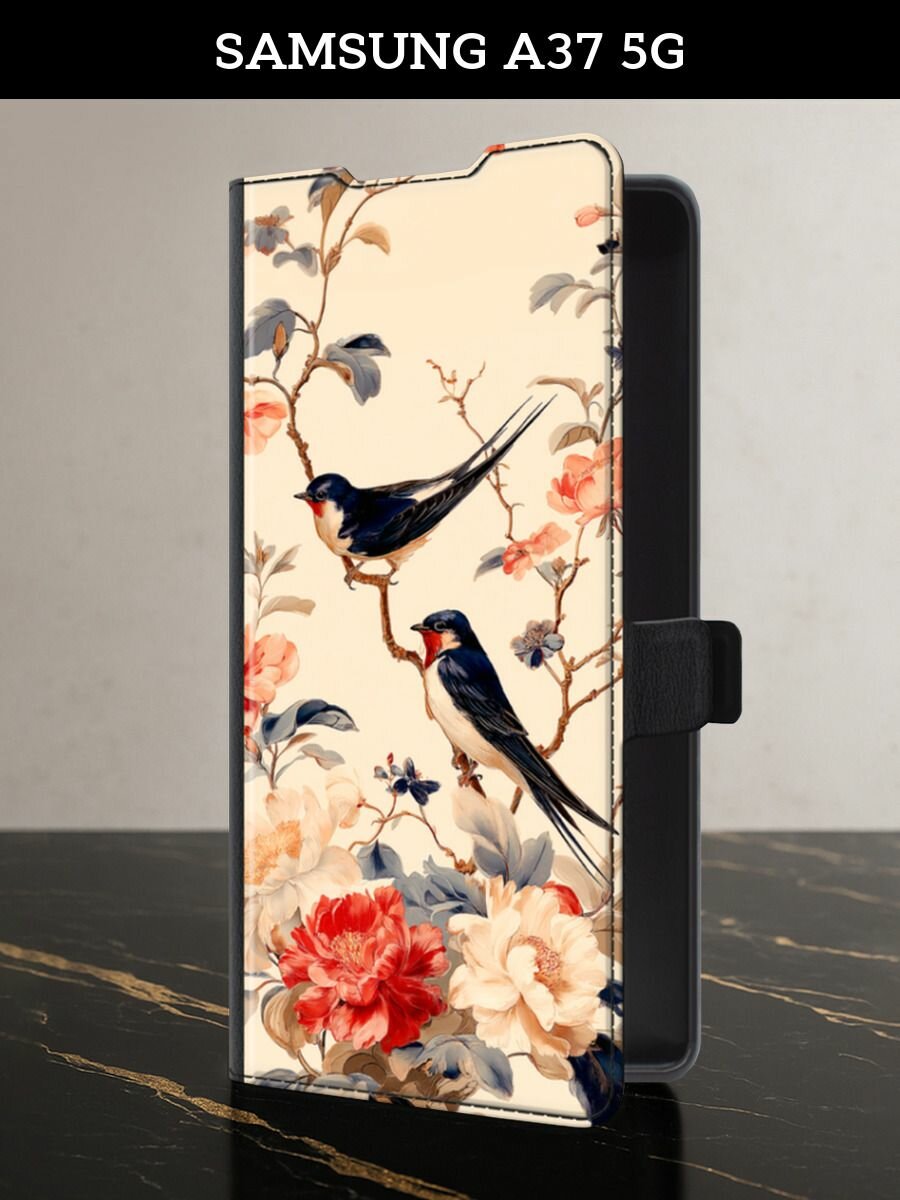 Чехол-книжка на Samsung Galaxy A37 5G / Самсунг Галакси A37 5G с принтом Две ласточки на веточке, черный