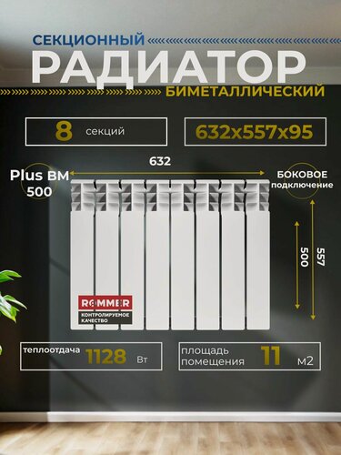 Изображение товара Радиатор секционный биметаллический Plus BM 500 8 секций параметры 557х632х95 боковое подключение Сантехническая нить 20 м