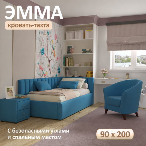 Кровать-тахта Эмма 90х200 односпальная синяя, мягкая спинка из велюра, с ортопедическими ламелями Zeppelinmobili