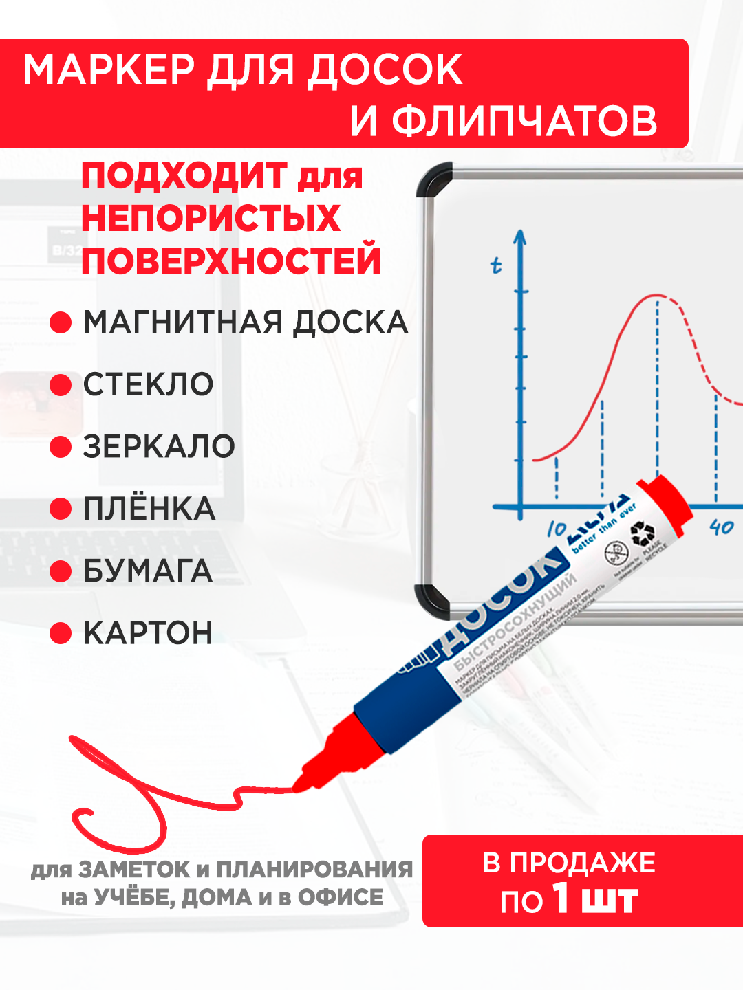 Маркер для доски ALFA 1MW002, красный, овальный наконечник, спиртовые чернила