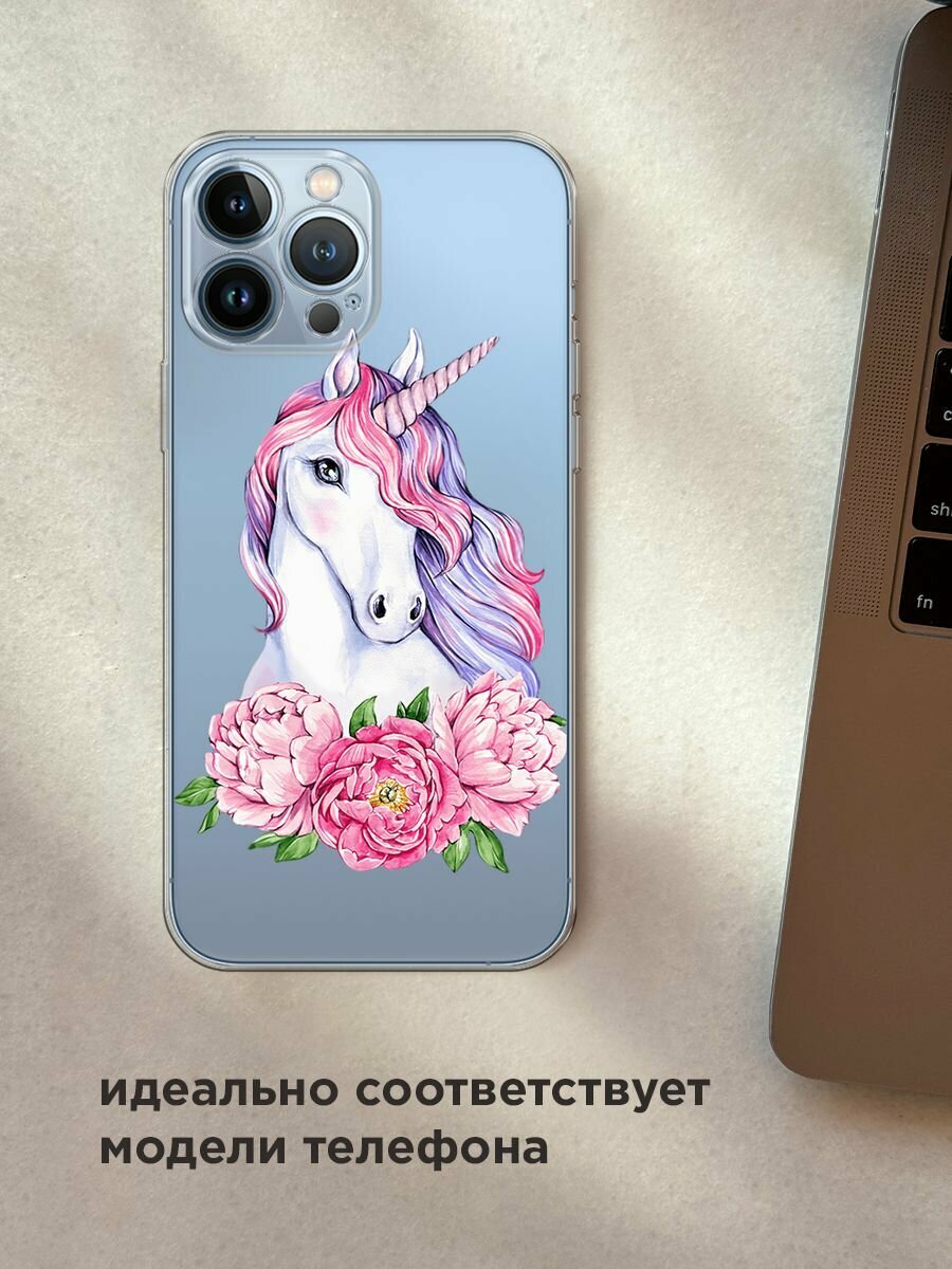 Чехол на Apple iPhone 13 Pro Max / Айфон 13 Про Макс с принтом "Единорог с пионами", прозрачный — фото 1