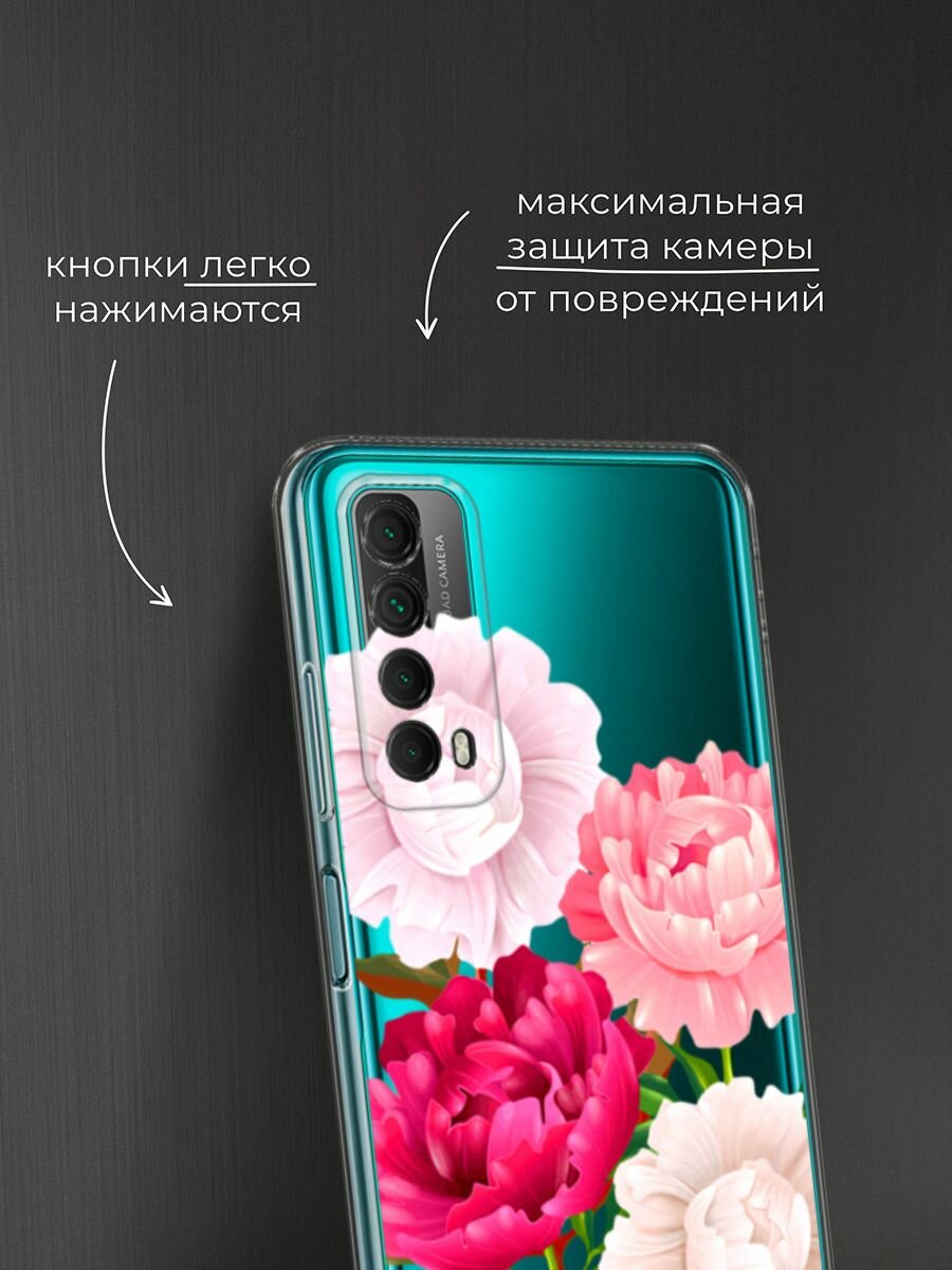 Чехол на Huawei P Smart 2021 / Хуавей П Смарт 2021 с принтом "Большие пионы", прозрачный — фото 1