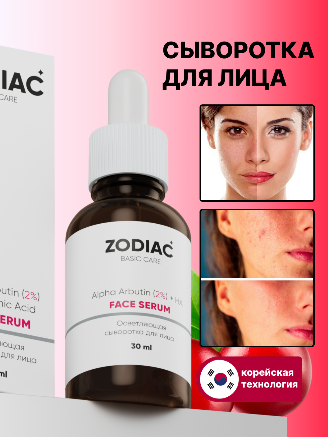 Отбеливающая сыворотка для лица ZODIAC, арбутин, ниацинамид, от прыщей и акне, 30 мл