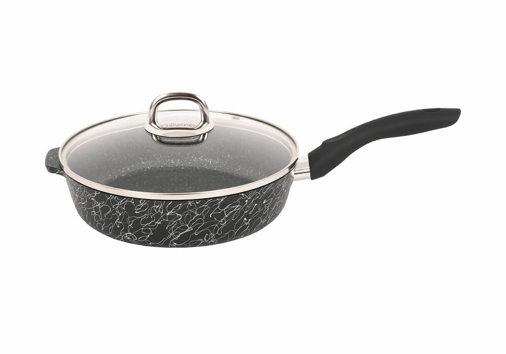 Сковорода глубокая 220мм с ручкой, со стекл. крышкой, АП линия "Грация" (черный/серебро) — фото 1