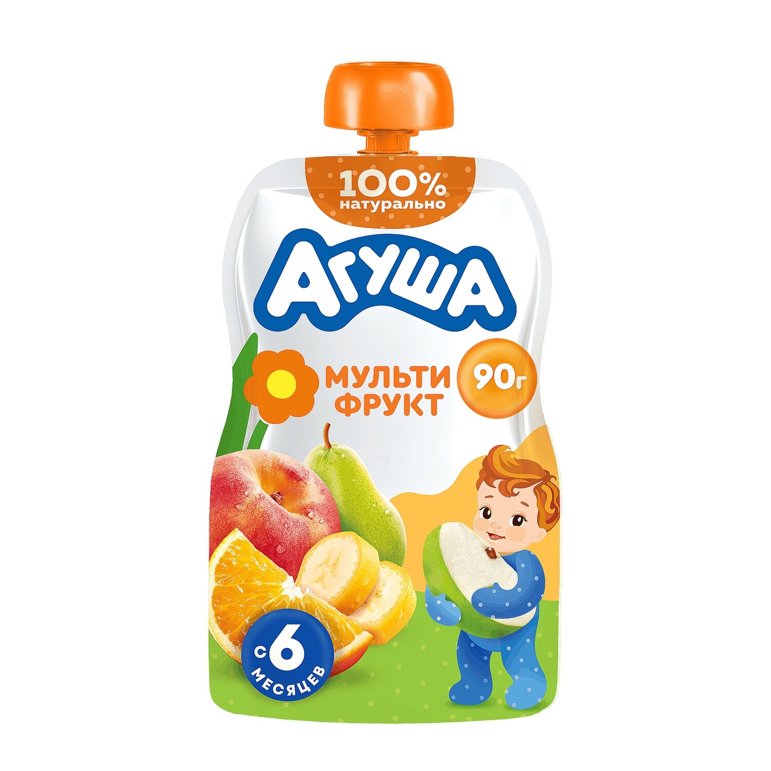Детское пюре "Агуша" мультифрукт, гипоаллергенное, с 6 мес, 90 г — фото 1