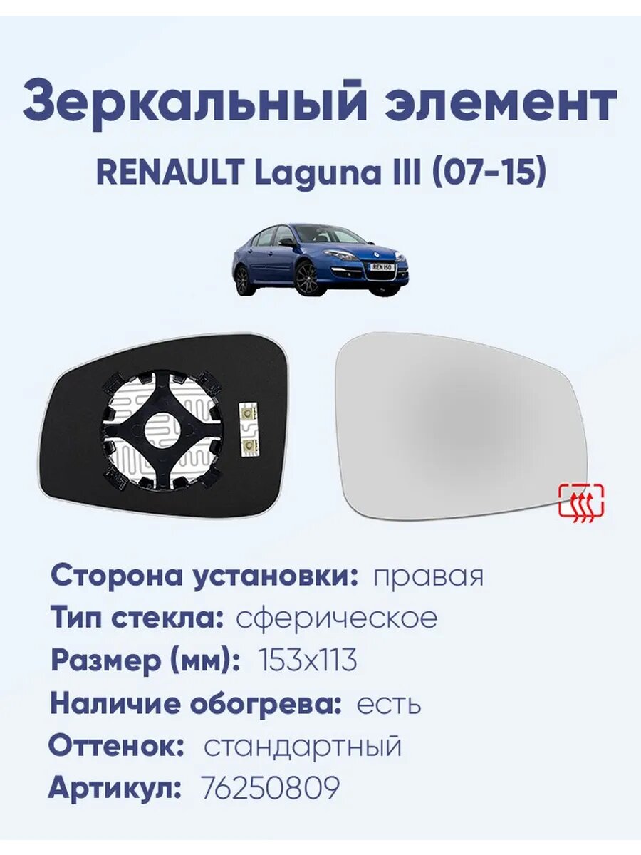 Зеркальный элемент правый RENAULT Laguna III (07-15) сфера нейтральный с обогревом