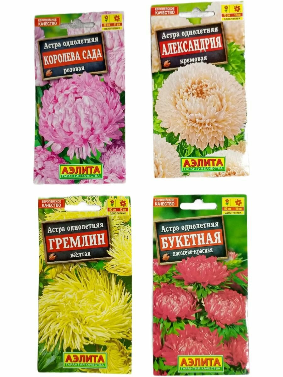 Набор семян астр для срезки 4 вида: Букетная Александрия Королева Сада Гремлин. Агрофирма Аэлита по 1 пакету.