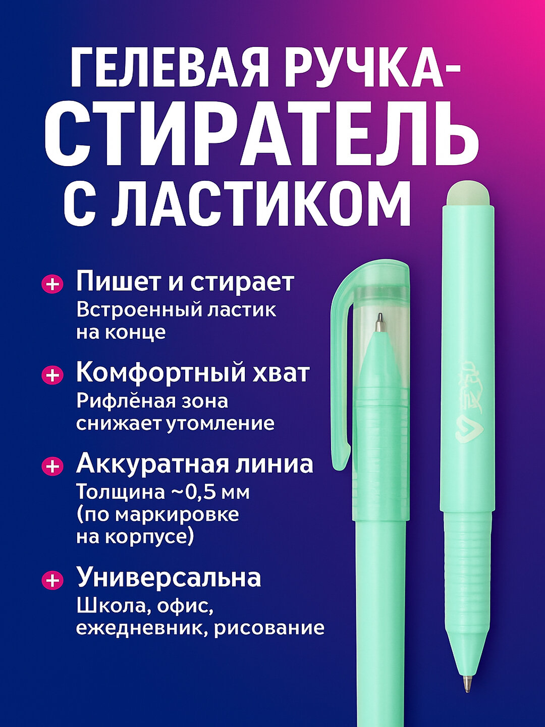 Ручка гелевая, стираемая, синяя, "пиши-стирай" 2, 4, 6 шт