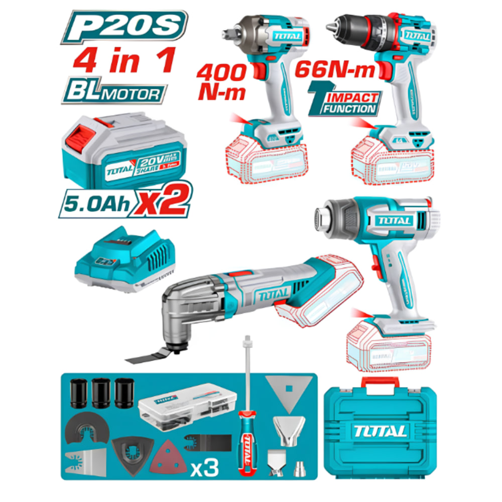 Набор аккумуляторных инструментов Total TOSLI240969 - ударный гайковерт, дрель, строительный фен