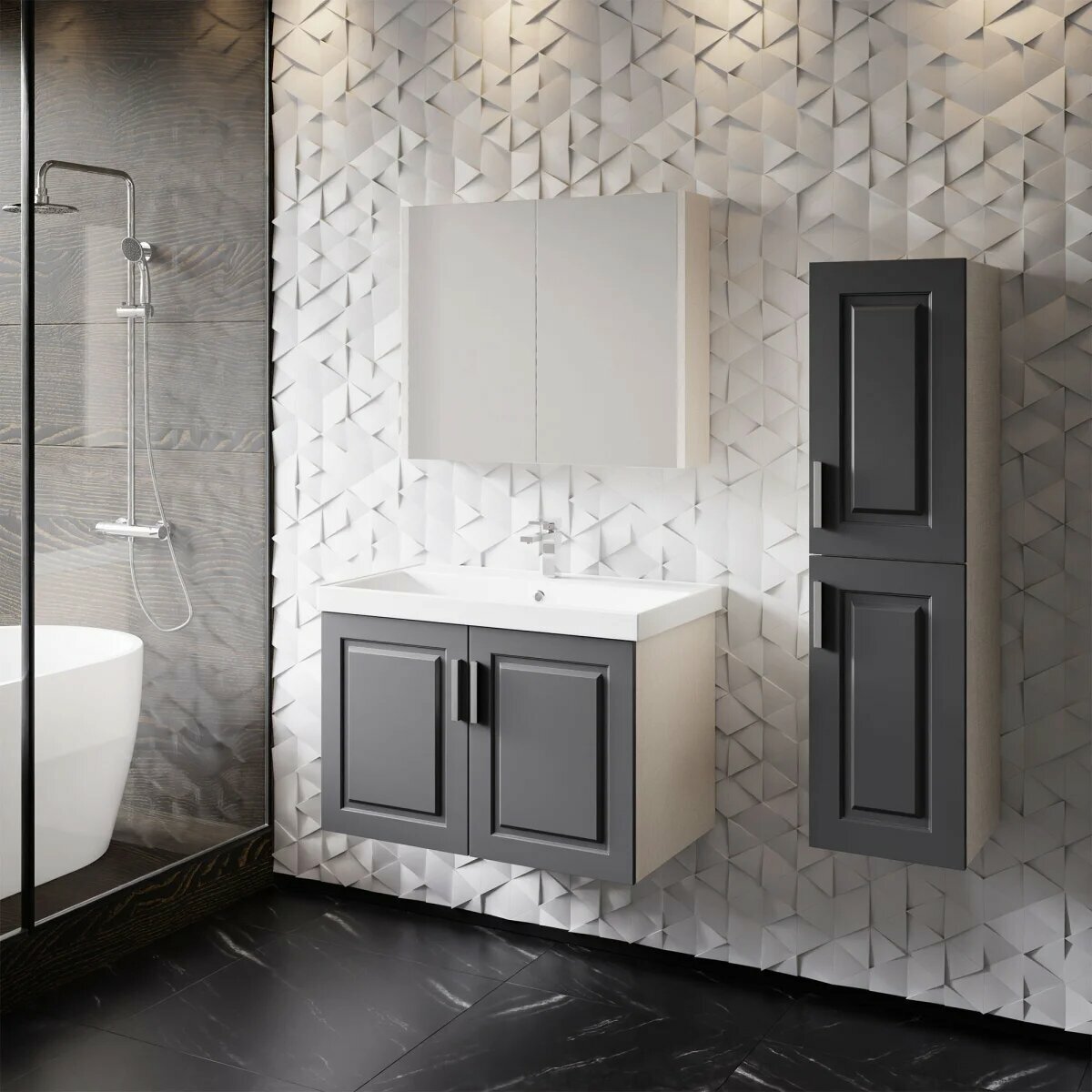 Комплект мебели для ванной комнаты Arin, 80 см, встроенная раковина, тумба под унитаз и зеркальная тумба