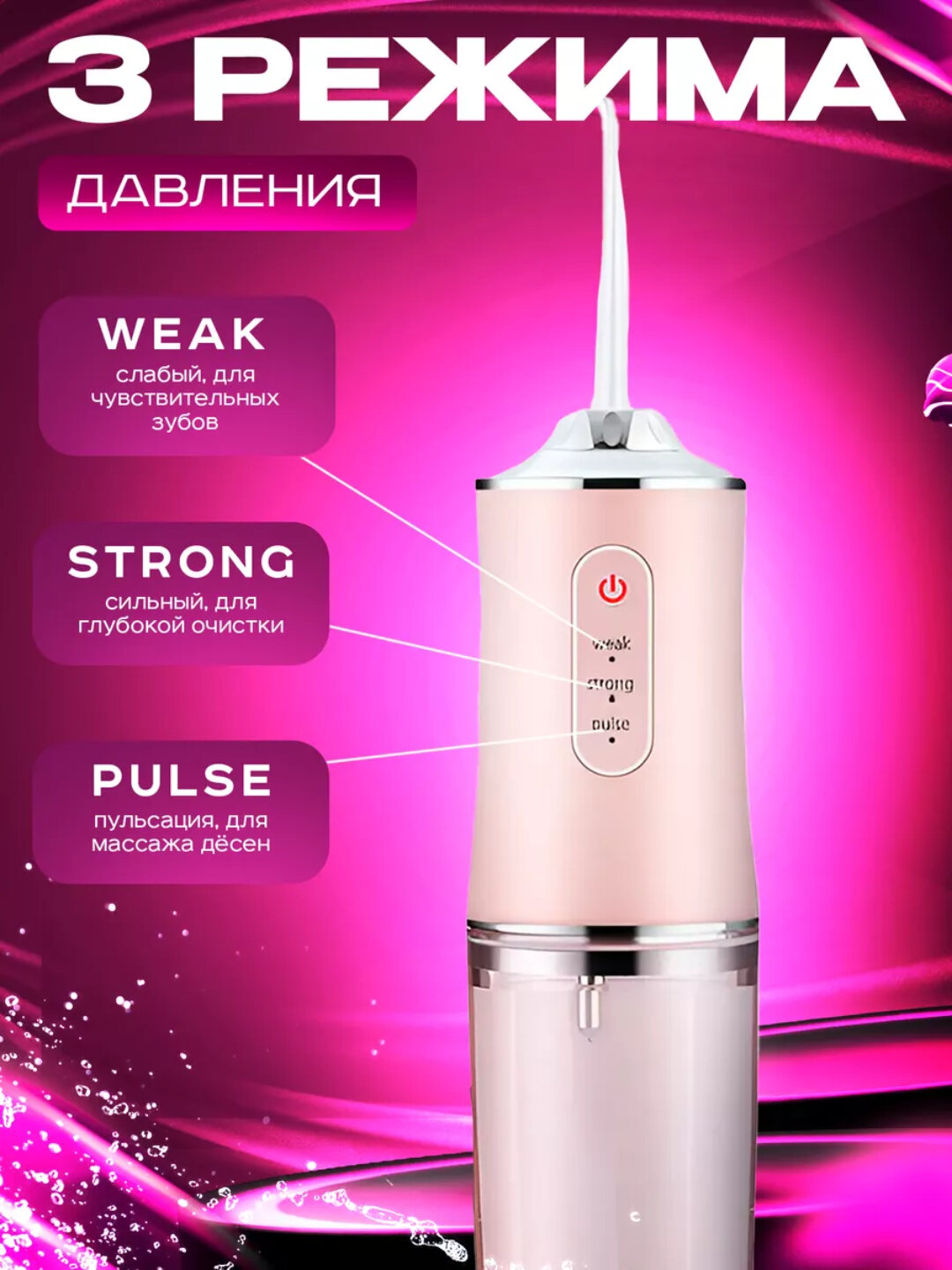 Портативный ирригатор для зубов – 3 режима давления воды, аккумуляторный, компактный. в случайных цветах